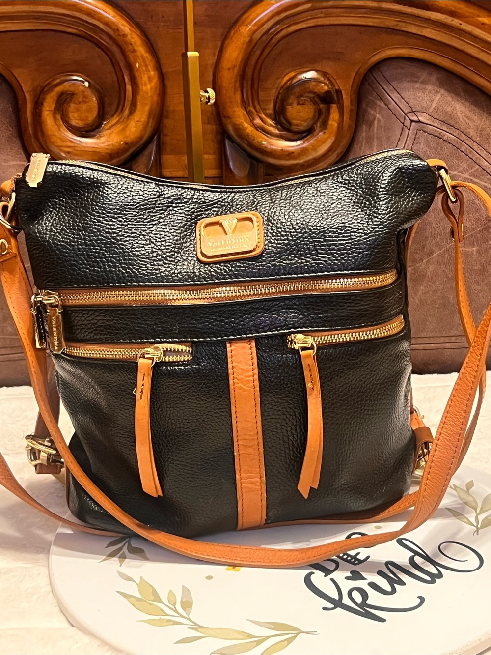 Valentina Black Italian leather and Tan with Gold Accents crossbody bag